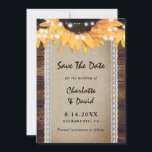 Reserve A Data Sunflower Wood Burlap Lace Wedding<br><div class="desc">Rustic sunflower wedding save the date card featuring a burlap and lace runner with sunflowers and string lights on a barn wood background. Two burlap hearts at the back.</div>