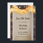 Reserve A Data Sunflower Wood Burlap Lace Wedding<br><div class="desc">Rustic sunflower wedding save the date card featuring a burlap and lace runner with sunflowers and string lights on a barn wood background. Two burlap hearts at the back.</div>