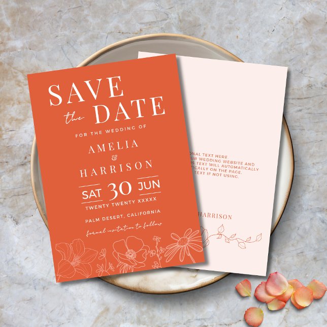 Reserve A Data Sunset Orange Elegant Wedding (Sunset Orange Elegant Wedding Save the Date Invitation with Modern Typography, Delicate Flowers)