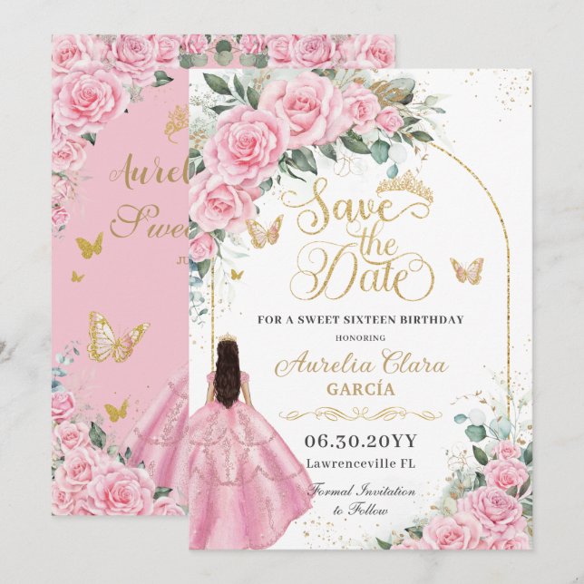 Reserve A Data Sweet 16 Quinceanera Pink Roses Floral Fair Gold (Frente/Verso)
