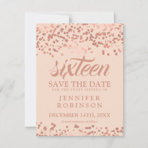 Reserve A Data Sweet 16 Save Date Rosa Gold Foil Confetti Blush