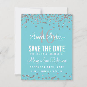 Reserve A Data Sweet 16 Save Date Silver Glitter Confetti Blue