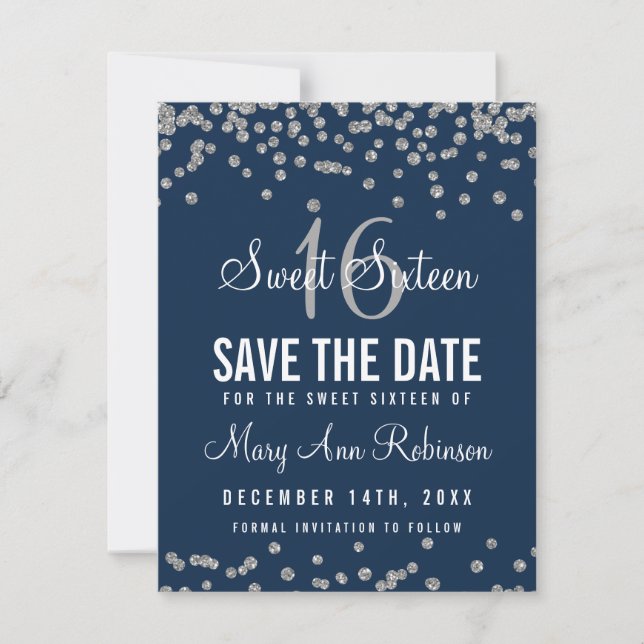 Reserve A Data Sweet 16 Save Date Silver Glitter Confetti Marinho (Frente)
