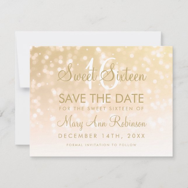 Reserve A Data Sweet 16 Save The Date Dourado Bokeh Sparkle Light (Frente)
