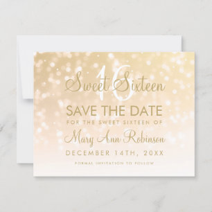Reserve A Data Sweet 16 Save The Date Dourado Bokeh Sparkle Light