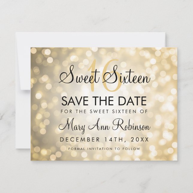 Reserve A Data Sweet 16 Save The Date Glitter Lights (Salvar As L (Frente)