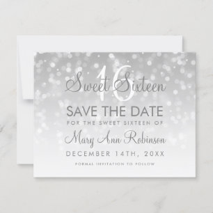 Reserve A Data Sweet 16 Save The Date Prata Bokeh Sparkle Lights