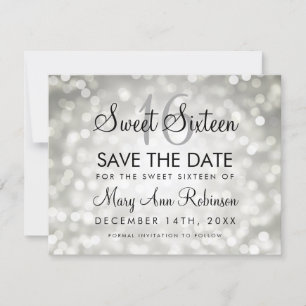 Reserve A Data Sweet 16 Save The Date Prata Glitter Lights
