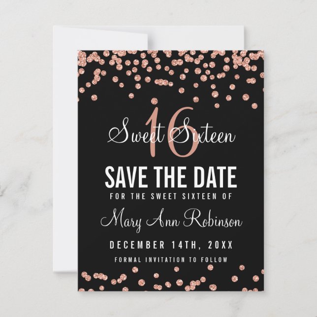 Reserve A Data Sweet 16 Save The Date Rosa Dourado Glitter Confet (Frente)