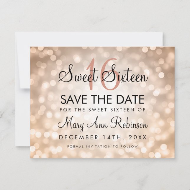 Reserve A Data Sweet 16 Save The Date Rosa Dourado Glitter Lights (Frente)