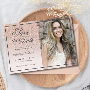 Reserve A Data Sweet 16 Save The Date Rosa Dourado Glitter Photo