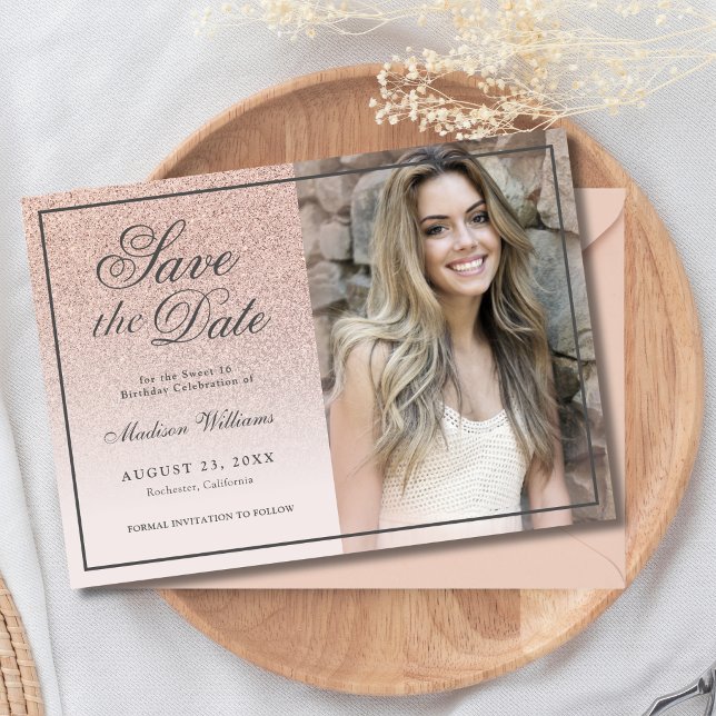 Reserve A Data Sweet 16 Save The Date Rosa Dourado Glitter Photo  (Criador carregado)