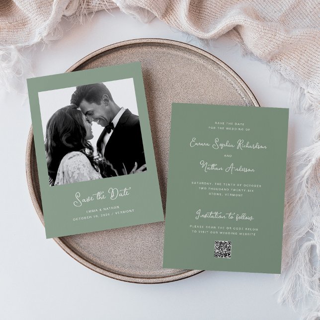 Reserve A Data Sweet and Whimsical Sage Green | Código de foto e  (An elegant, sage green save the date card)
