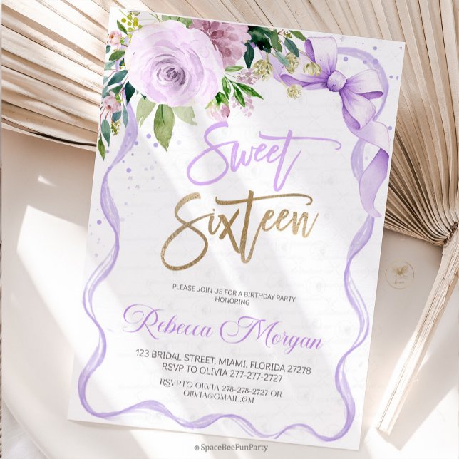 Reserve A Data Sweet Sixteen 16th birthday (Sweet Sixteen, Invitation Sweet ,16 Invite purple Bow ,Floral Watercolor, 16th Birthday ,Sweet Sixte)