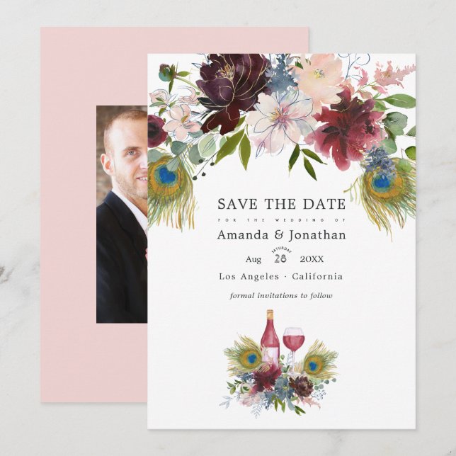 Reserve A Data T Marsala Floral e Aquarela para Casamento Economi (Frente/Verso)