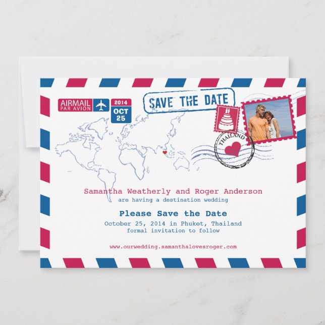 Reserve A Data Tailândia Airmail Wedding Save The Date (Salvem A  (Frente)