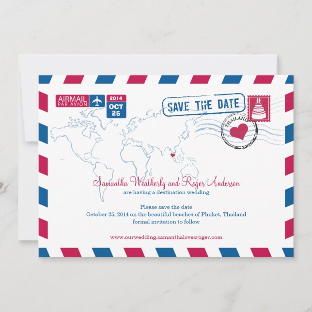 Reserve A Data Tailândia Airmail Wedding Save The Date (Salvem A  (Frente)