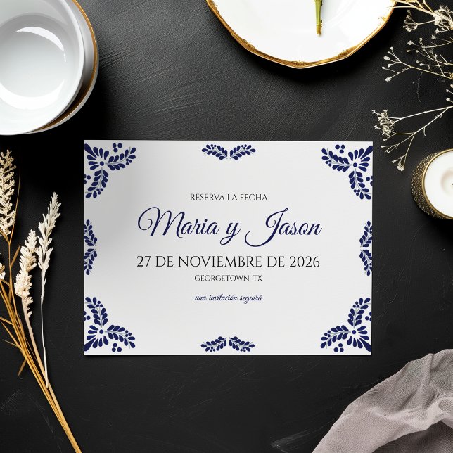 Reserve A Data Talavera Blue Floral Minimalist Spanish Wedding (Talavera Blue Floral Minimalist Spanish Wedding Save The Date)