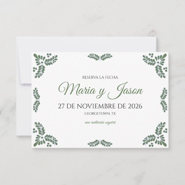 Reserve A Data Talavera Green Floral Minimalist Spanish Wedding (Frente)