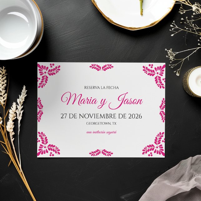 Reserve A Data Talavera Pink Floral Minimalist Spanish Wedding (Talavera Pink Floral Minimalist Spanish Wedding Save The Date)
