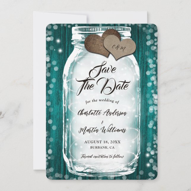 Reserve A Data Teal Barn Wood String Luzes Mason Jar Weding (Frente)