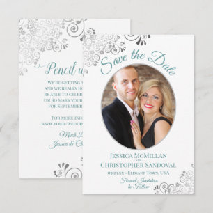 Reserve A Data Teal de Foto de Silver Lace, Elegante, sobre Casam