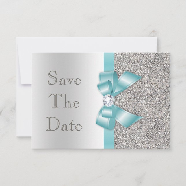 Reserve A Data Teal Faux Laço e Diamantes Prata Salvar a Data (Frente)