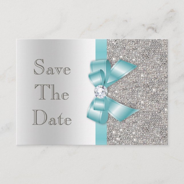 Reserve A Data Teal Faux Laço e Diamantes Prata Salvar a Data (Frente)