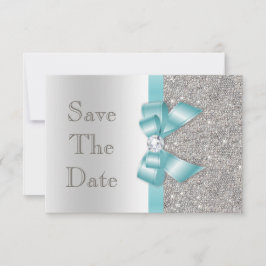 Reserve A Data Teal Faux Laço e Diamantes Prata Salvar a Data