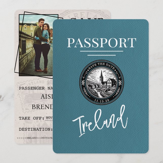 Reserve A Data Teal Ireland Passport Save Date (Salva A Data) (Frente/Verso)