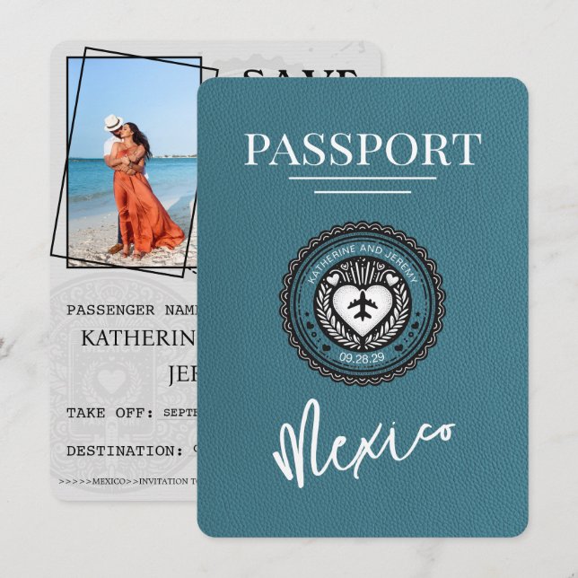Reserve A Data Teal Mexico Passport Save Date (Salvem A Data) (Frente/Verso)