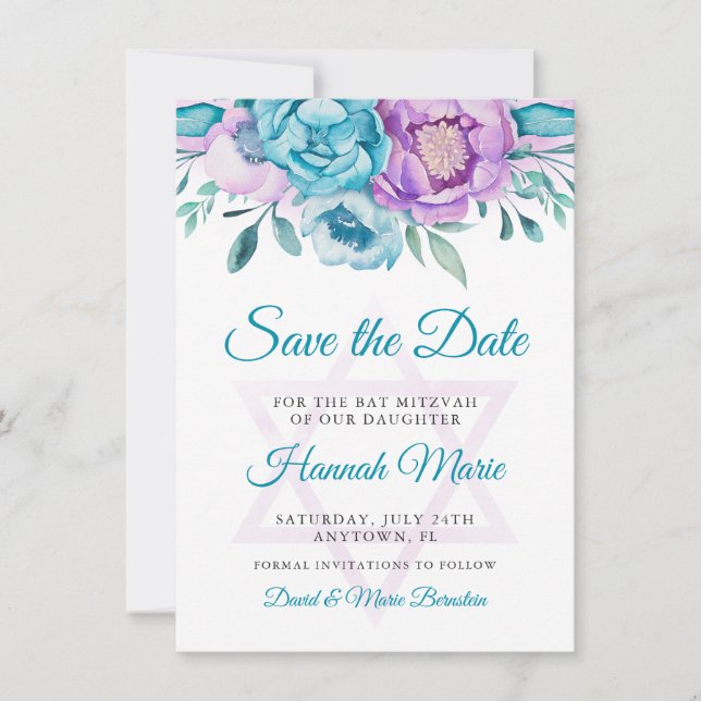 Reserve A Data Teal Roxo Watercolor Bat Mitzvah (Frente)