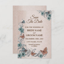 Teal Silver Floral Copper Butterfly Tan Wedding