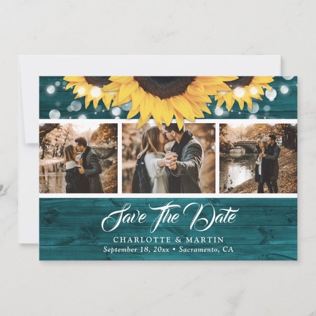 Reserve A Data Teal Sunflower Rustic Wood Weding 3 Foto (Frente)