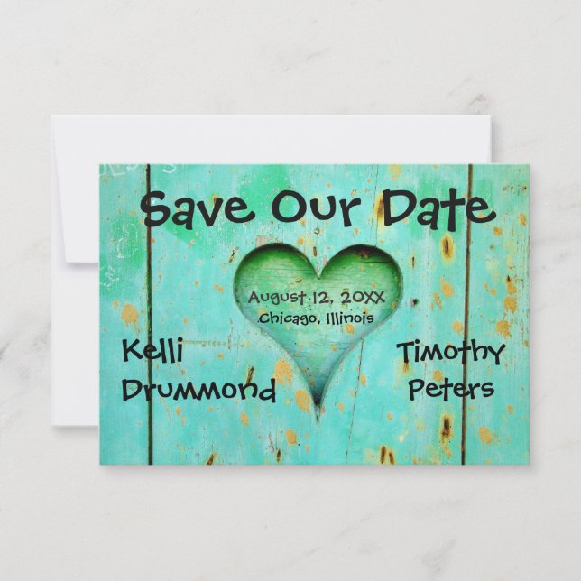 Reserve A Data Teal Weathered Wood Heart-3x5Wedding Salvar Data (Frente)