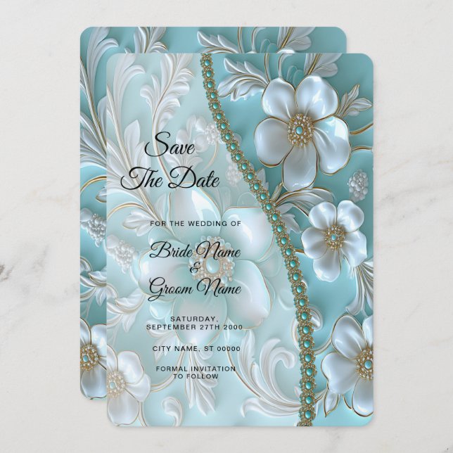 Reserve A Data Teal White Floral Salvar a Data (Frente/Verso)