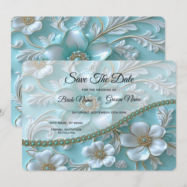Reserve A Data Teal White Floral Salvar a Data (Frente/Verso)