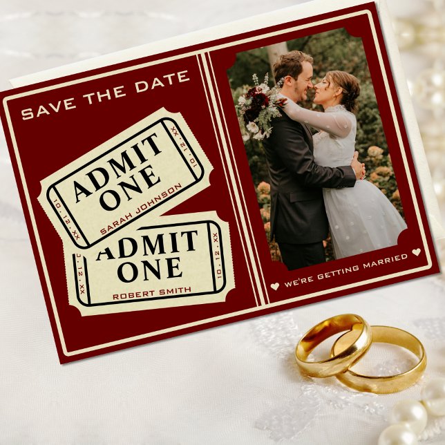 Reserve A Data Teatro Retro de Cinema Admite Casamento de Estúpia (Retro Cinema Theater Admit One Ticket Stub Wedding Save The Date)
