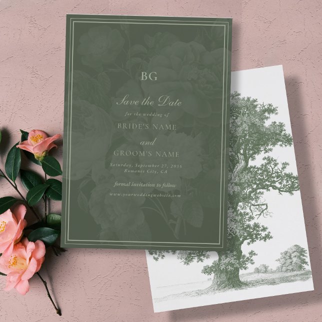 Reserve A Data Tema de Casamento do Partido do Jardim Botânico Vi (Vintage Botanical Green Garden Party Wedding Theme Save The Date)