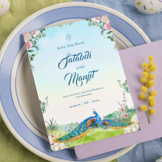 Reserve A Data Tema de Casamento Floral Pavão Azul Elegante   