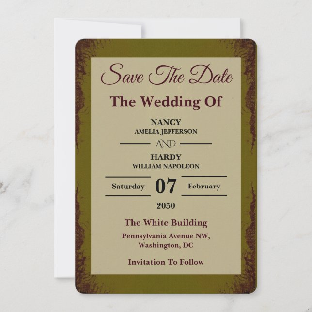 Reserve A Data Terra Enferrujada de Oliva Casamento Salve a Data (Frente)