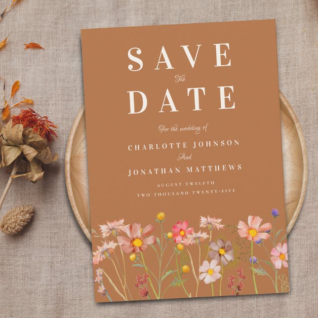 Reserve A Data Terracota Campo de Flores Silvestres Elegante Casa (Terracotta Elegant Wildflower fall Wedding save the date)
