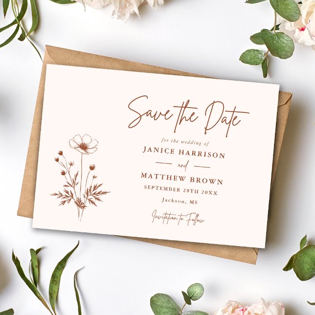 Reserve A Data Terracota de Flor Silvestre Rústica Casamento Boho (Rustic terracotta wildflower photo save the date adds boho charm and showcases your love.)