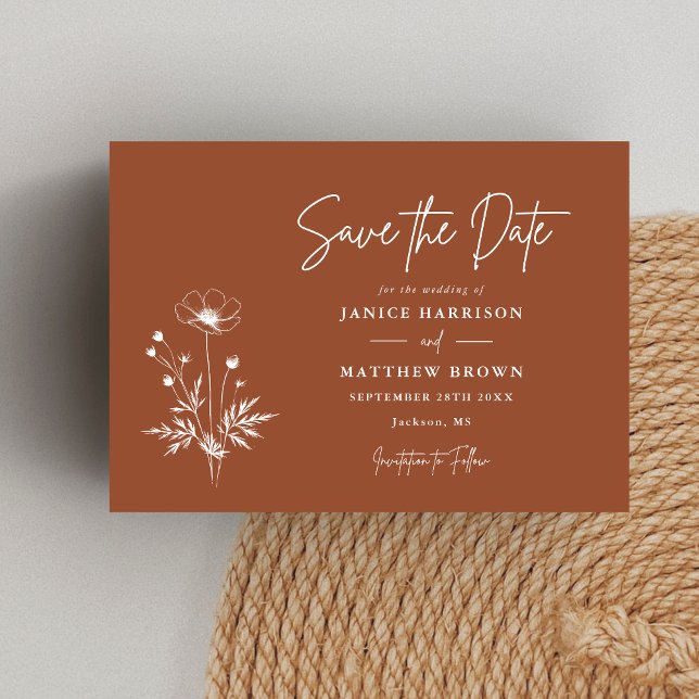 Reserve A Data Terracota de Flor Silvestre Rústica Casamento Boho (Rustic terracotta wildflower photo save the date adds boho charm and showcases your love.)