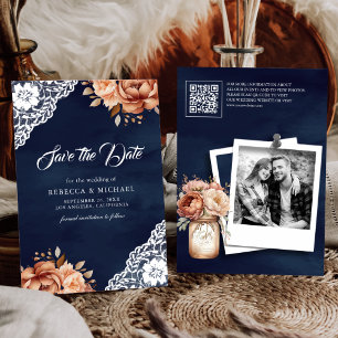 Reserve A Data Terracota Floral Azul Marinho Código QR Foto Casam