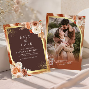 Reserve A Data Terracota Floral Café Escuro Código QR Casamento