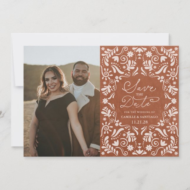 Reserve A Data Terracota Papel Picado Foto Salvar a Data (Frente)