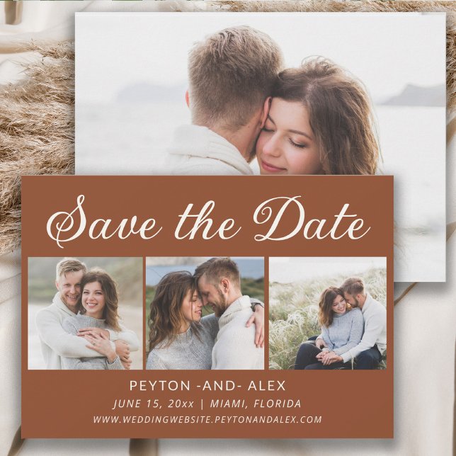Reserve A Data Terracotta 4-Fotos 2-Lados Casamento Salvar Data  (Terracotta 4-photo wedding Save the Date card)