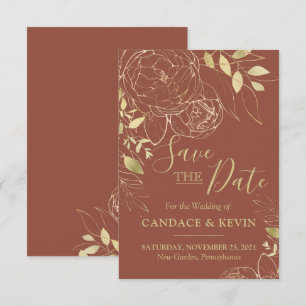 Reserve A Data Terracotta e Dourada Casamento Floral Moderno de P