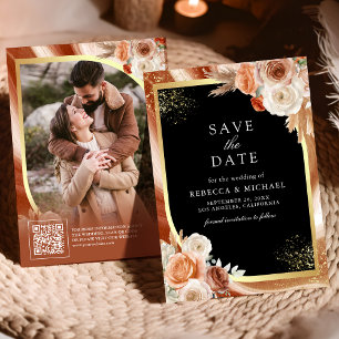 Reserve A Data Terracotta Floral Black Dourado Código QR Foto Cas